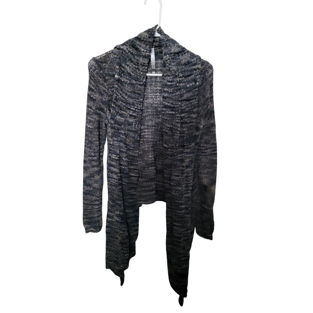 kensie Cardigan Womens Medium Blue Space Dye Cotton Open Front Waterfall Hem
